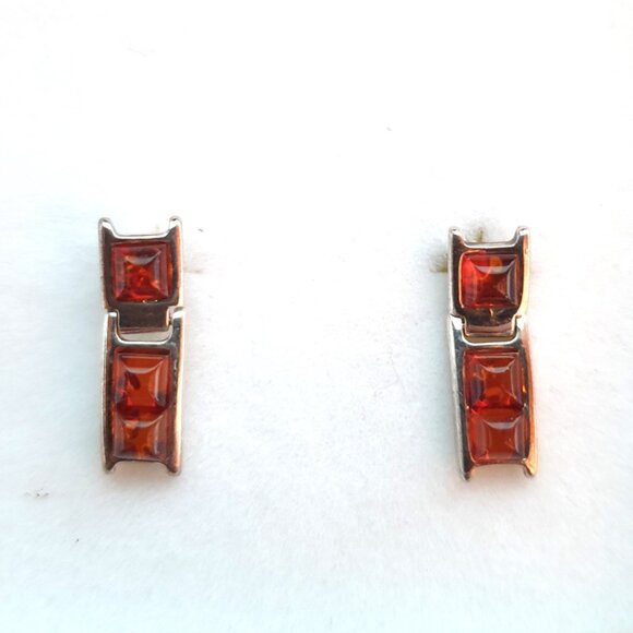 Vintage Genuine Baltic Cognac Amber Three Stone 925 Sterling Silver Stud Earring - Picture 4 of 9